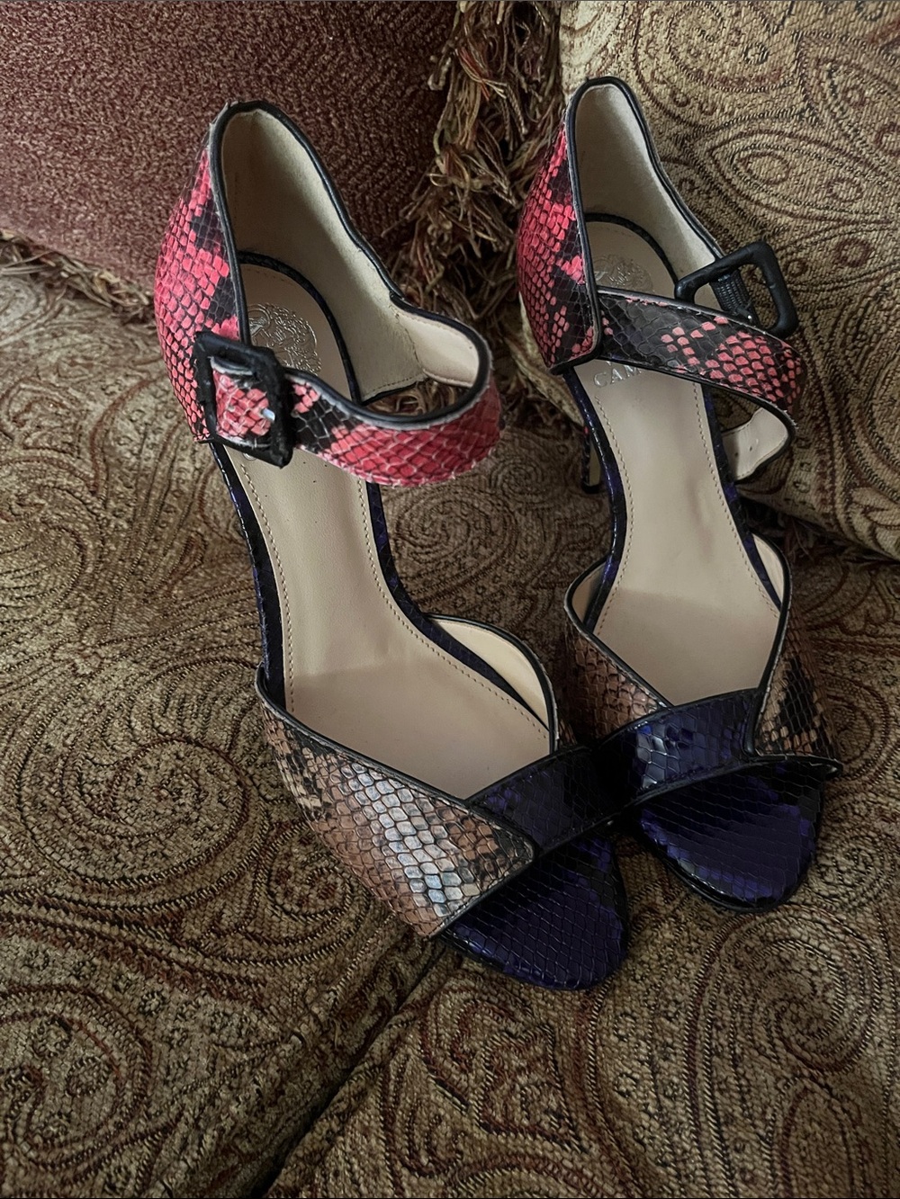 Vince Camuto Multicolor Snakeskin Ankle-Strap Heels in Pink and Purple